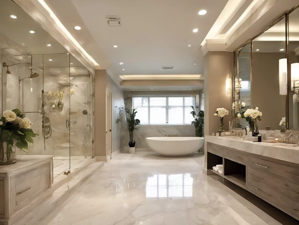 Luxurious bathroom, open concept, walk-in shower on the left, a large floating vanity on the right, and a bathtub feature in the centre