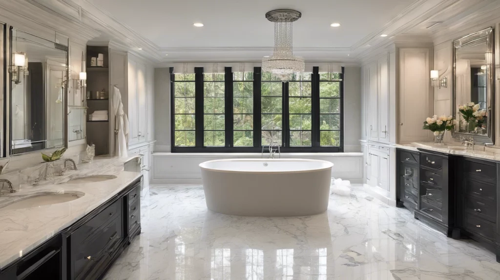 A luxurious open-concept bathroom featuring a freestanding bathtub in the middle, open concept, and two sets of black-cabinet vanities on opposing sides of the bathtub