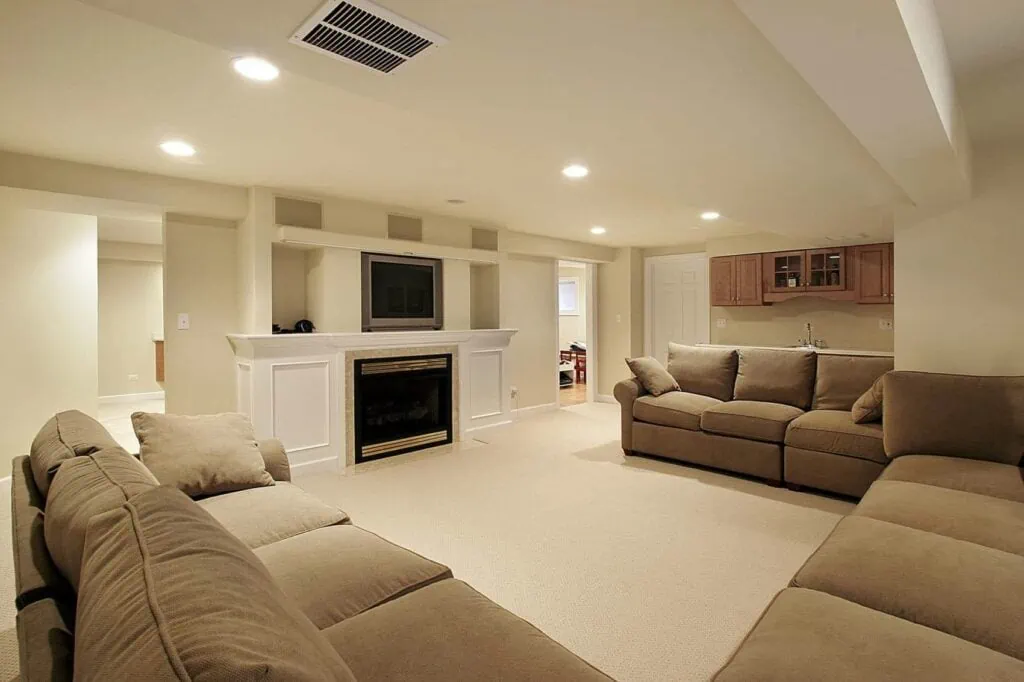 basement renovation featuring a new living room area