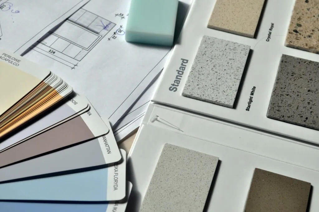 paint colour swatch and countertop material samples